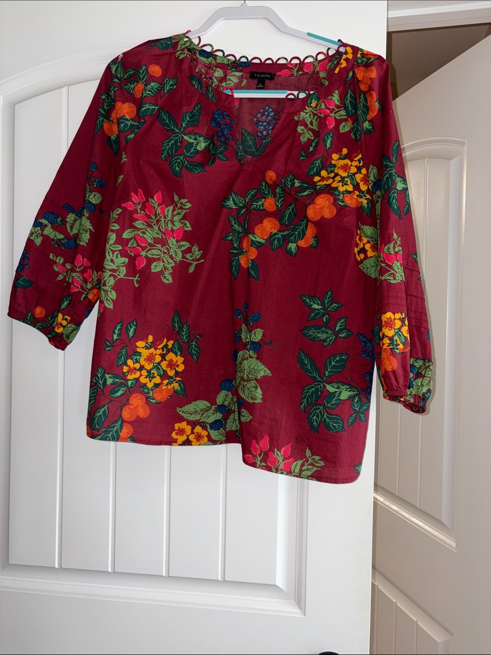 Talbots Floral Peasant Tunic in Burgundy with Green and Yellow Accents